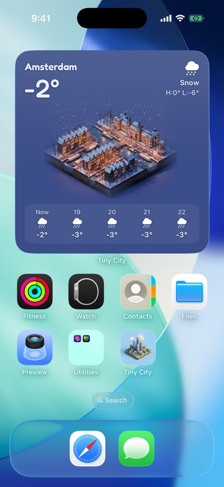 Tiny City widget on the Home Screen: Amsterdam on a snowy winter night